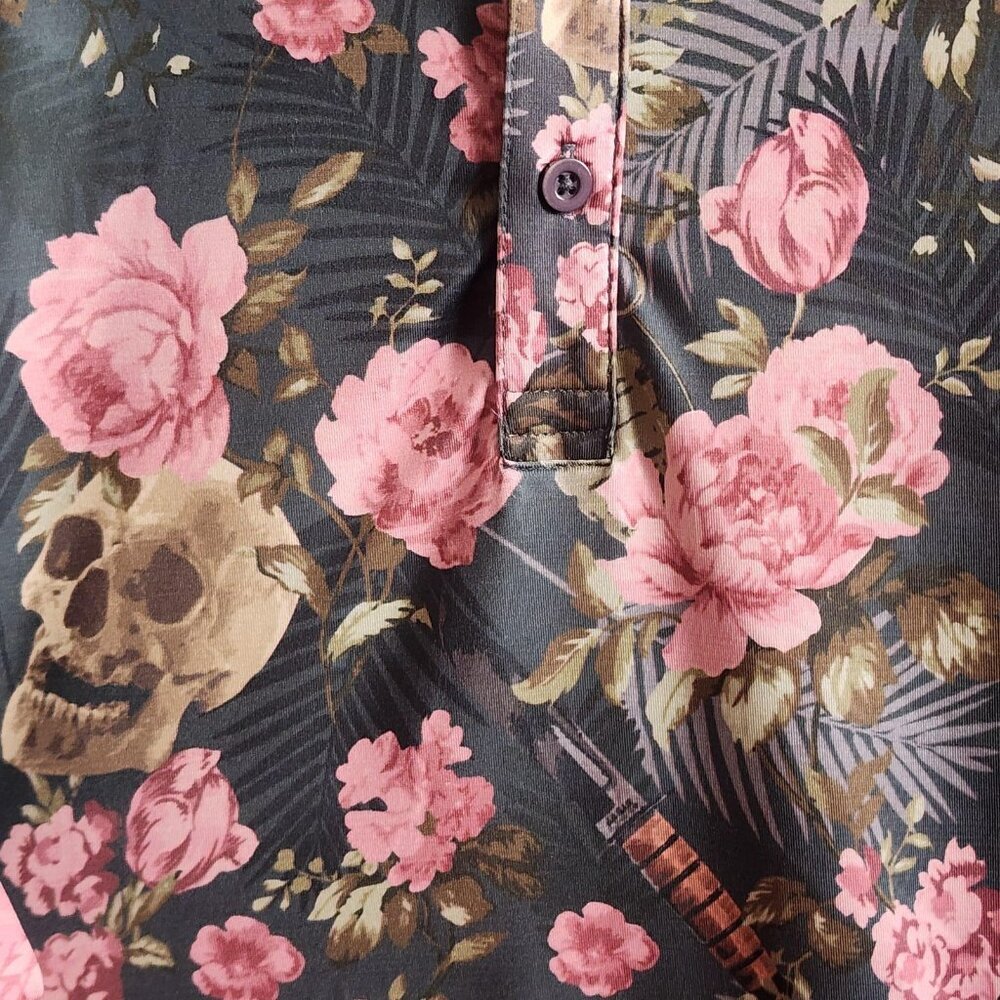 Grunt Style Polo Shirt Mens 2XL Black Pink Floral Skulls Grenades Stretch Golf - Picture 3 of 10